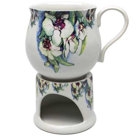 keramik tasse von 0,4 liter mit stövchen  inhalt verziert mit Orchidee